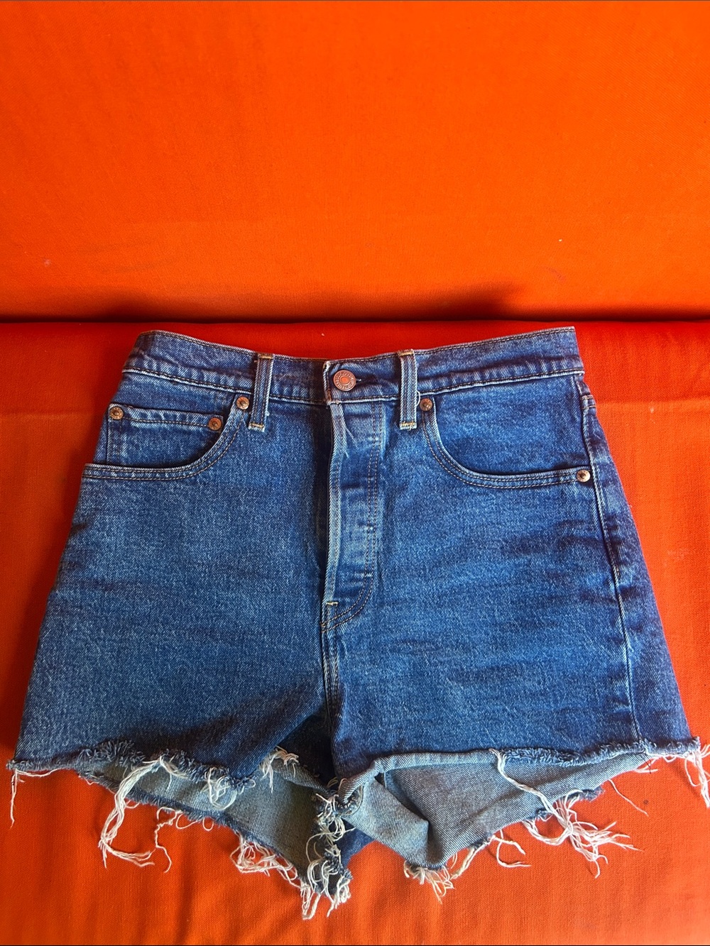 High-Rise Blue Denim Cutoff Shorts, Daisy Dukes - Levi’s ribcage shorts 27